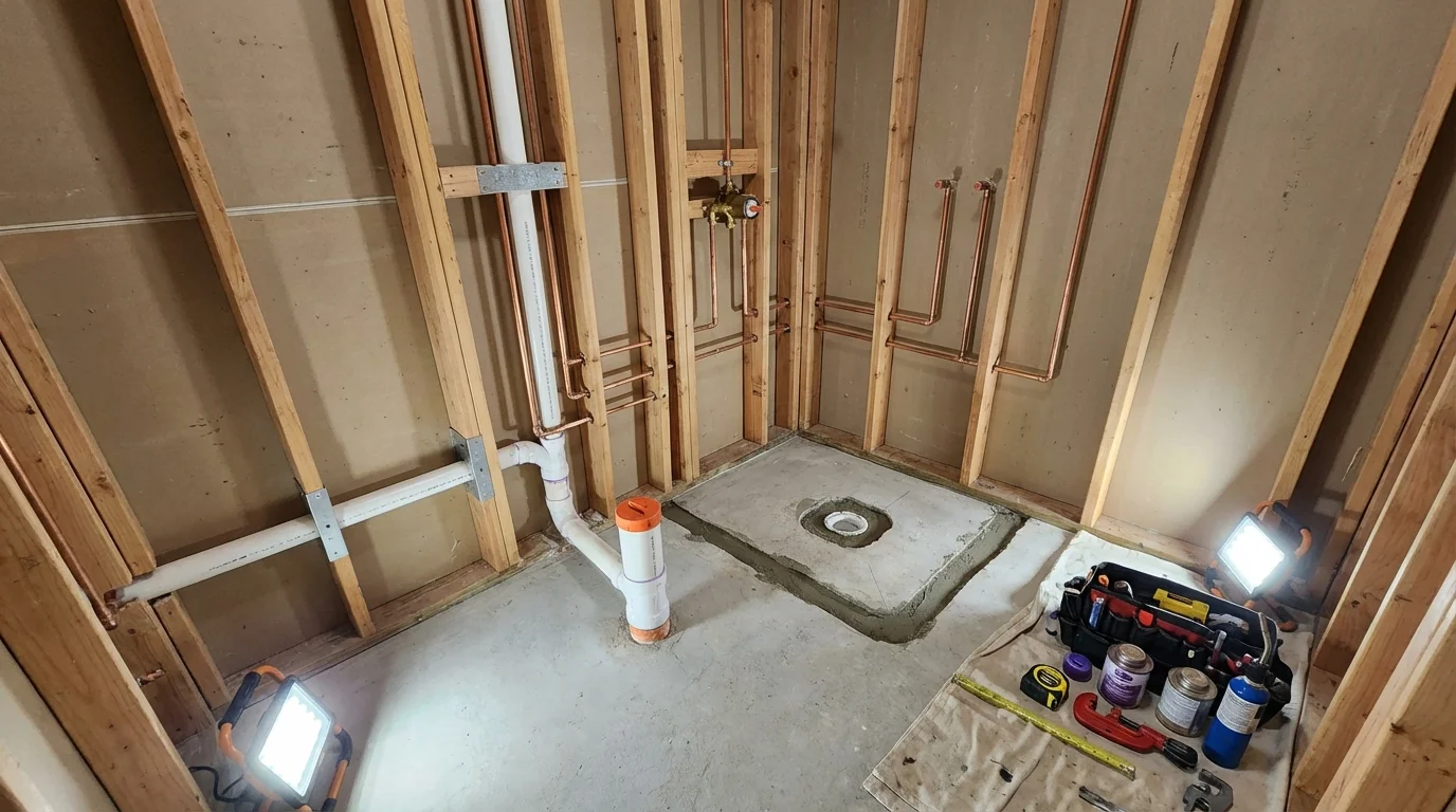 Bathroom rough-in plumbing during remodel by Johns Plumbing LLC in Primghar