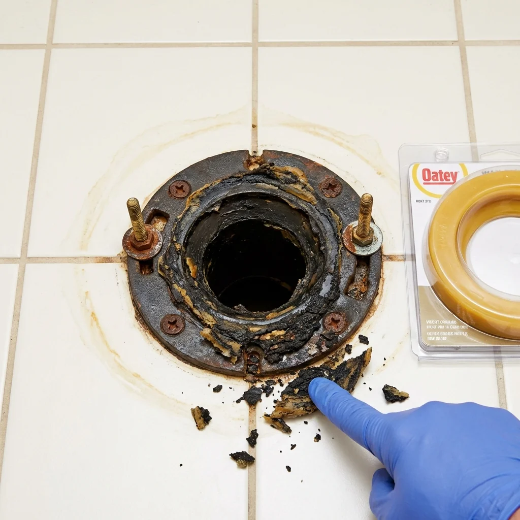Failed wax ring showing water seepage at the base of a toilet in a Primghar, IA home