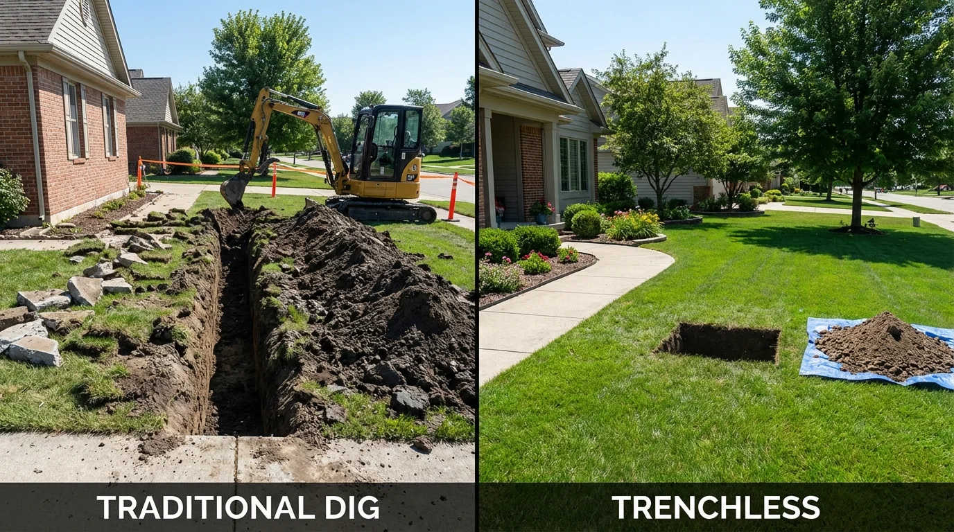 Trenchless sewer repair with minimal yard damage versus traditional excavation in Primghar, IA